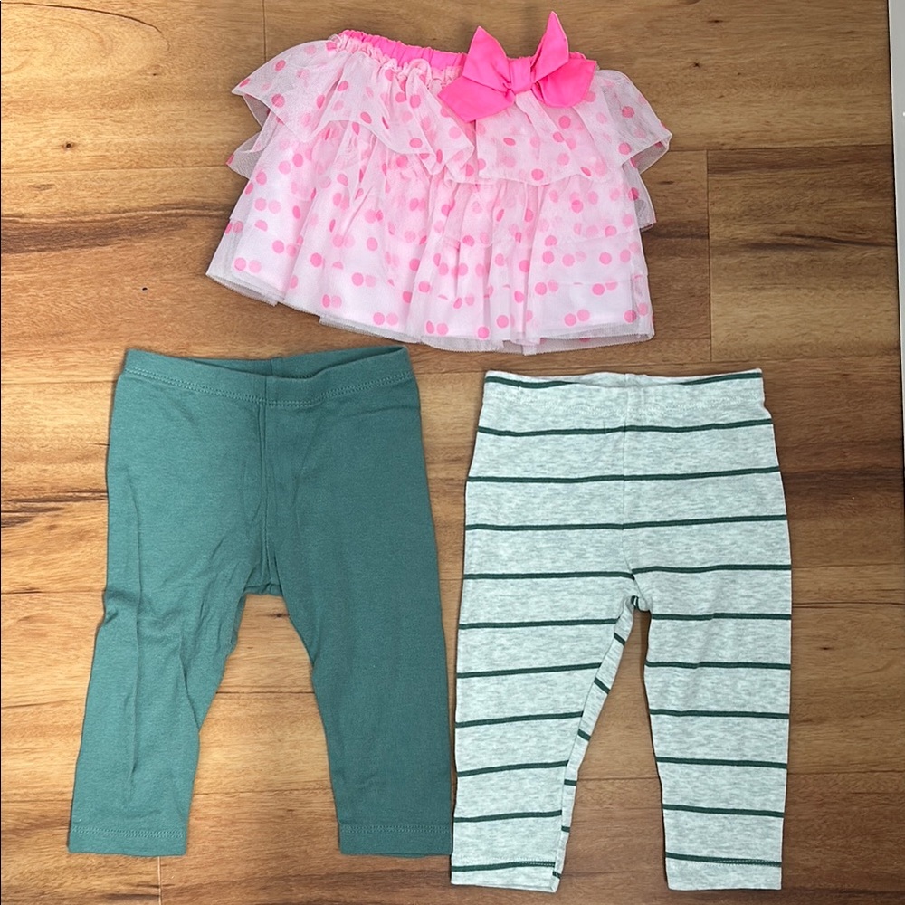 Pink Polka Dot Skirt with Bow and Two Pairs of Leggings